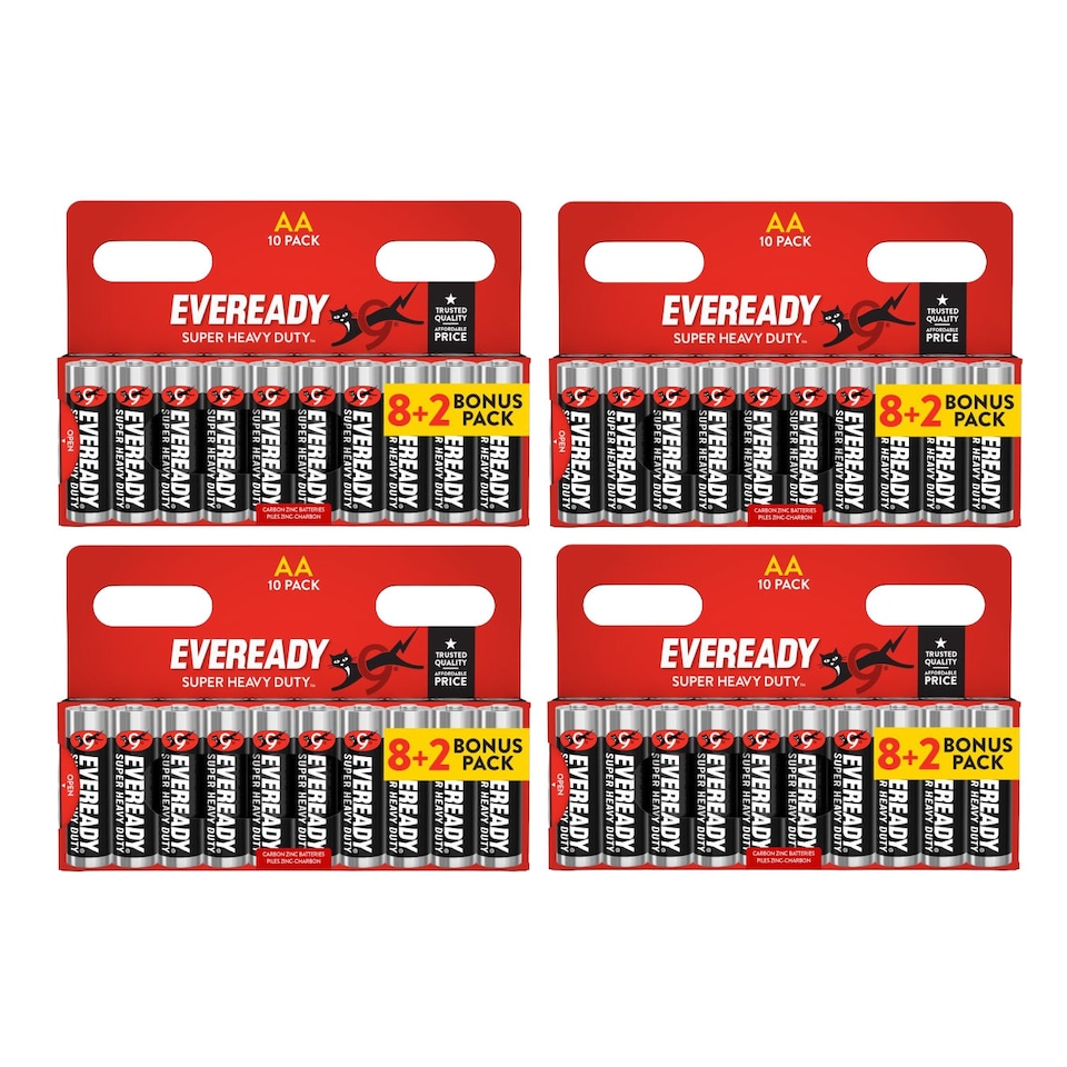 4x Eveready Super Heavy Duty AA Zinc Batteries - Pack of 10 (40x Batteries in total)