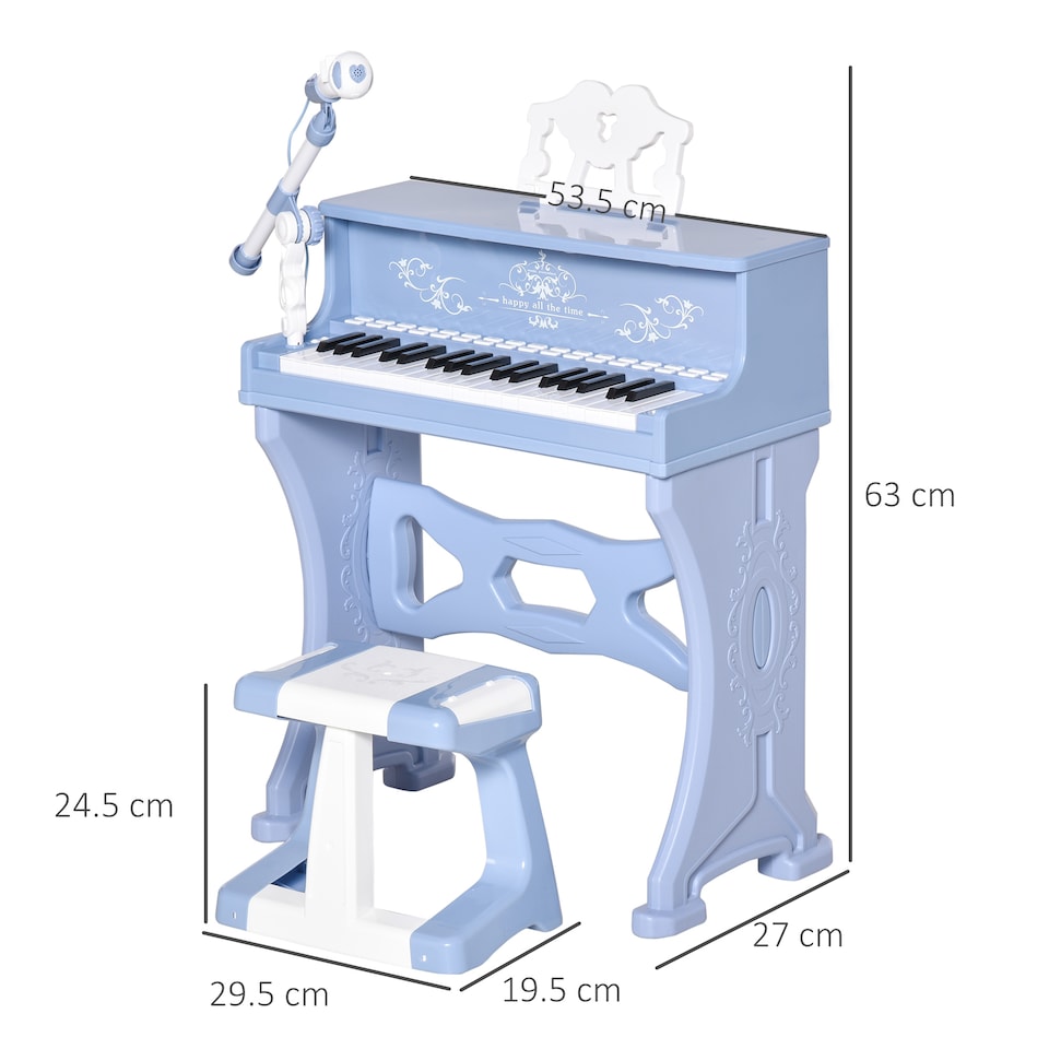 image 1 of HOMCOM 37 Keys Kids Piano Mini Electronic Keyboard Light Kids Musical Instrument Educational Game Children Grand Piano Toy Set with Stool and Microphone & Music Stand (Blue)