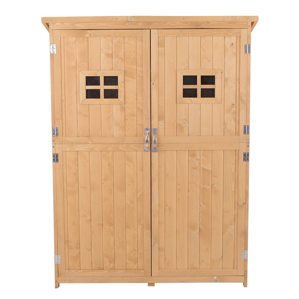 image 1 of Outsunny Wooden Garden Shed with Two Windows, Tool Storage Cabinet, Outdoor Double Door Organizer 127.5L x 50W x 164H cm, Natural