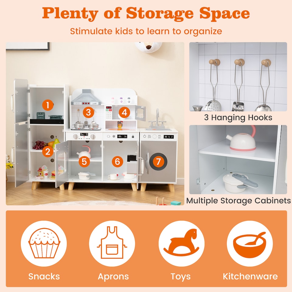 image 1 of COSTWAY Modular Kids Kitchen Playset Corner Chef Pretend Kitchen Toy-Grey