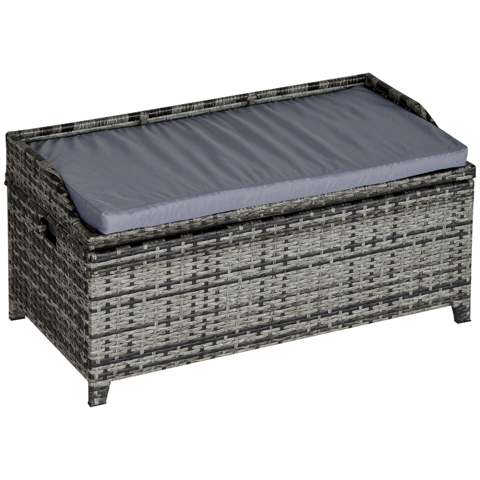 image 1 of Outsunny PE Rattan Outdoor Storage Bench, Aluminium Garden Bench with Storage Underneath with Zipped Inner Lining, Rods for Deck, Mixed Grey
