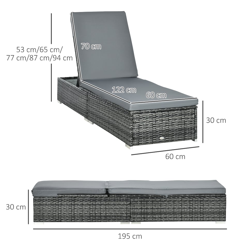 image 1 of Outsunny PE Rattan Sun Lounger, Five-level Adjustable Recliner Bed Chair with Soft Padded Cushion for Patio, Garden, Mixed Grey