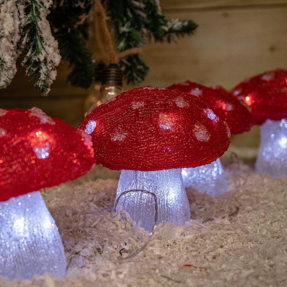 image 1 of Set of 4 Battery Operated Red & White Acrylic Christmas Mushrooms with Cool White LEDs
