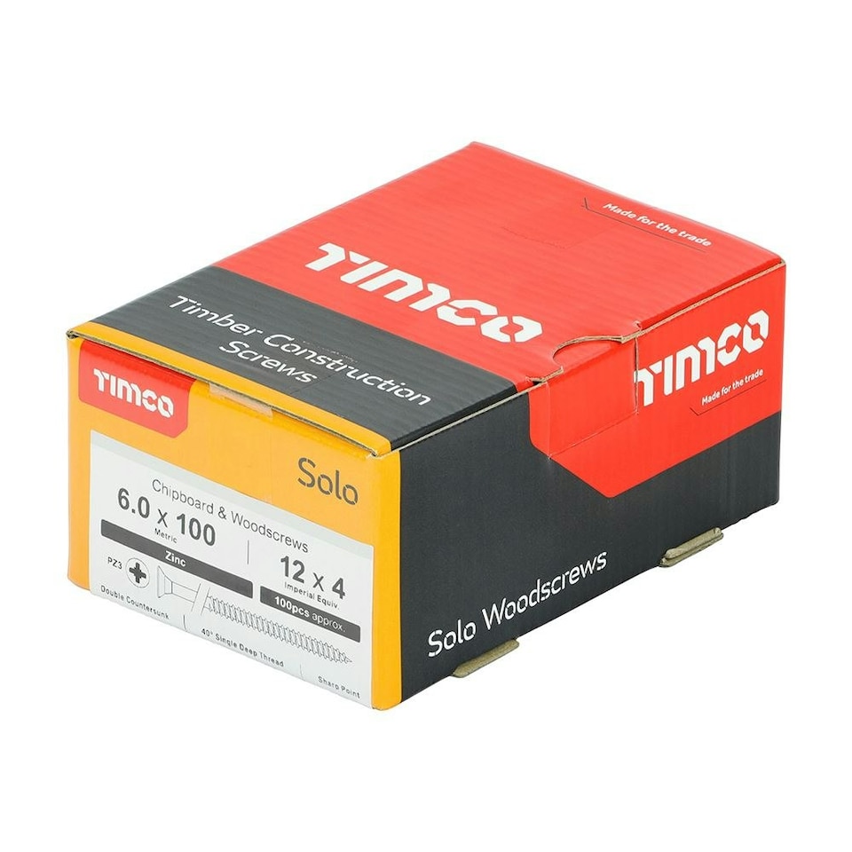 image 1 of Timco - Solo Chipboard & Woodscrews - PZ - Double Countersunk - Zinc (Size 6.0 x 100 - 100 Pieces)