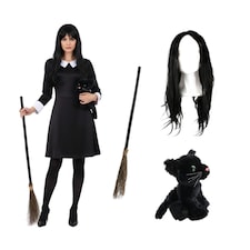 Witch Costume - 4 Pcs - Collared Dress, Broom, Cat Toy & Wig | Black | XL