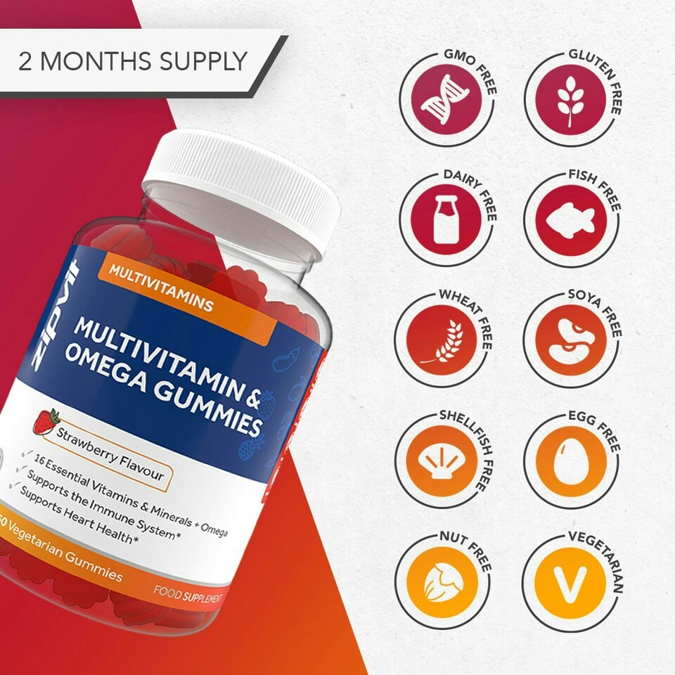 image 1 of Zipvit Multivitamin & Omega Gummies for Adults, 16 Vitamins, 60 Veggie Gummies, Supports Heart, Brain & Vision
