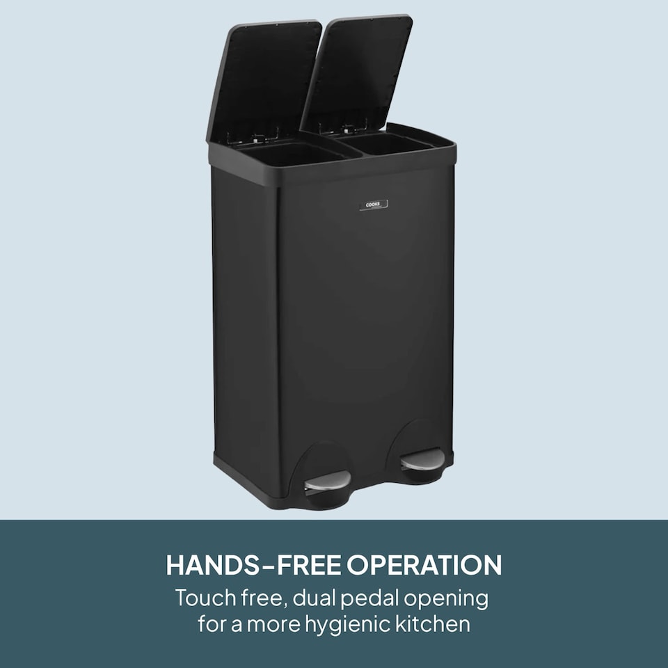 image 1 of Cooks Professional Dual Pedal Recycle Bin 60L with 2 x Compartments & Soft Close Lids | Black