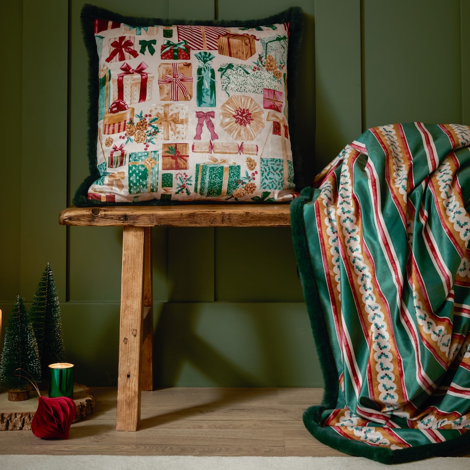 image 1 of Furn All Wrapped Up Velvet Faux Fur Cushion | Green | Emerald/Red