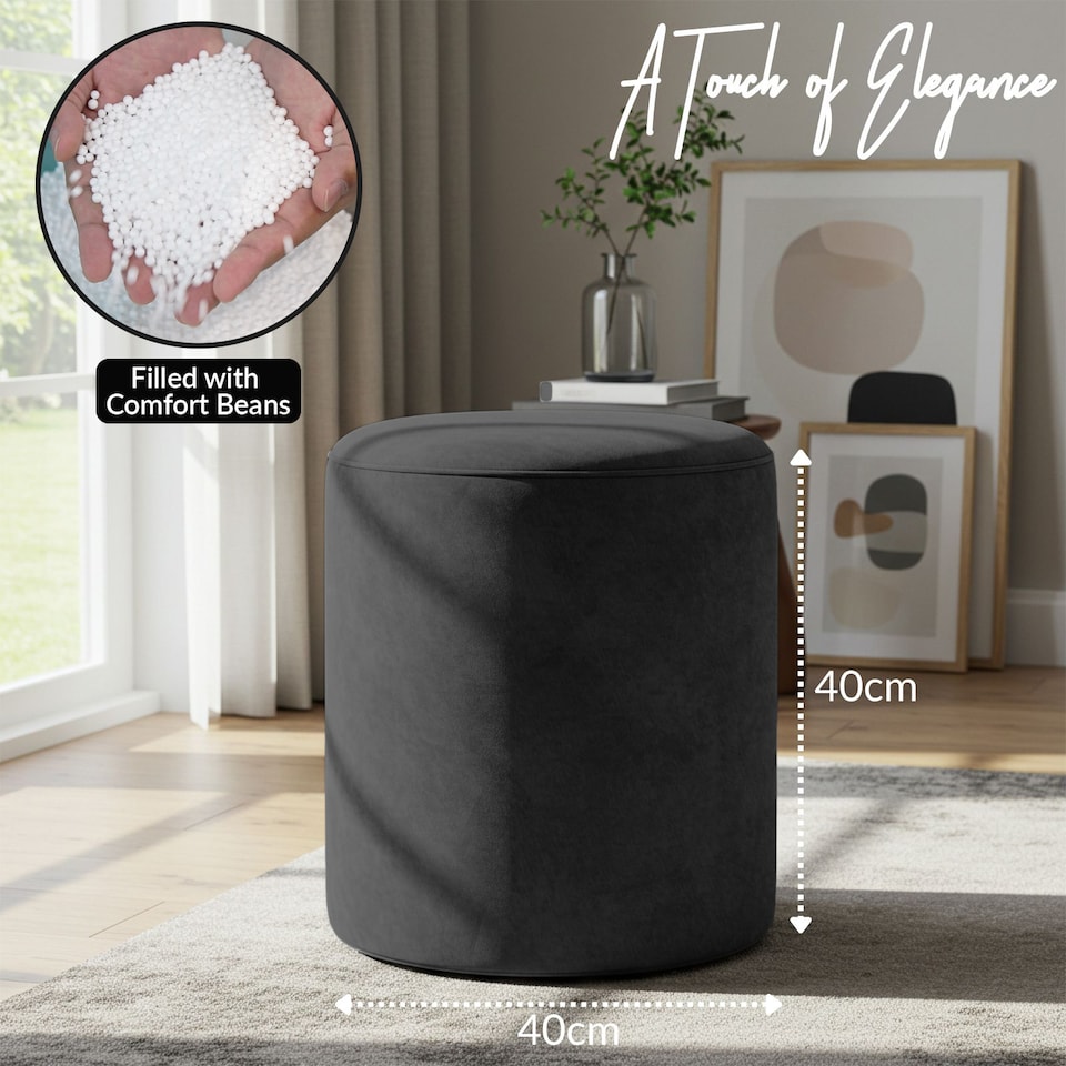 image 1 of Round Shape Velvet Bean Bag Pouffe Foot Rest - 40cm Black