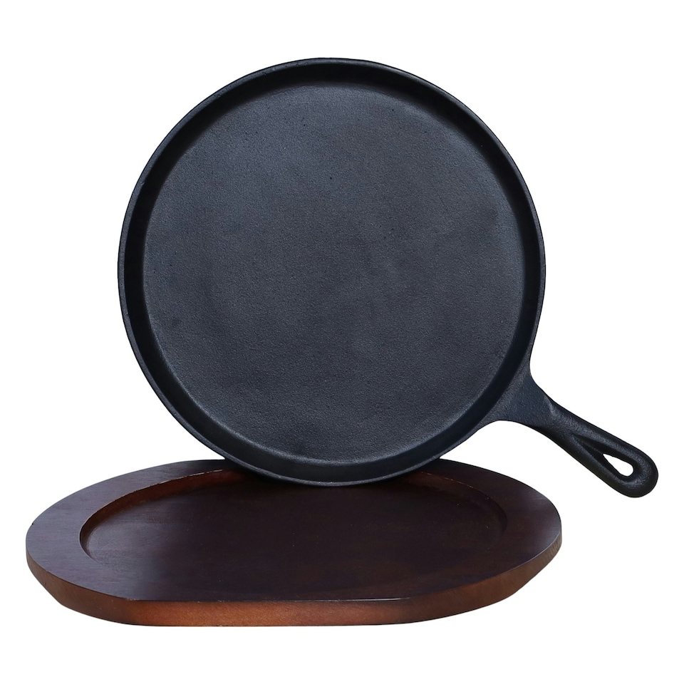 image 1 of Buckingham Pre-Seasoned Cast Iron Griddle Crepe Pan 27 cm with Wooden Base