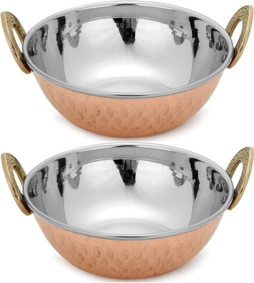 image 1 of Set of 2 15cm Balti Serving Dish, Hammered Polished Copper & Stainless-Steel Inner Layer