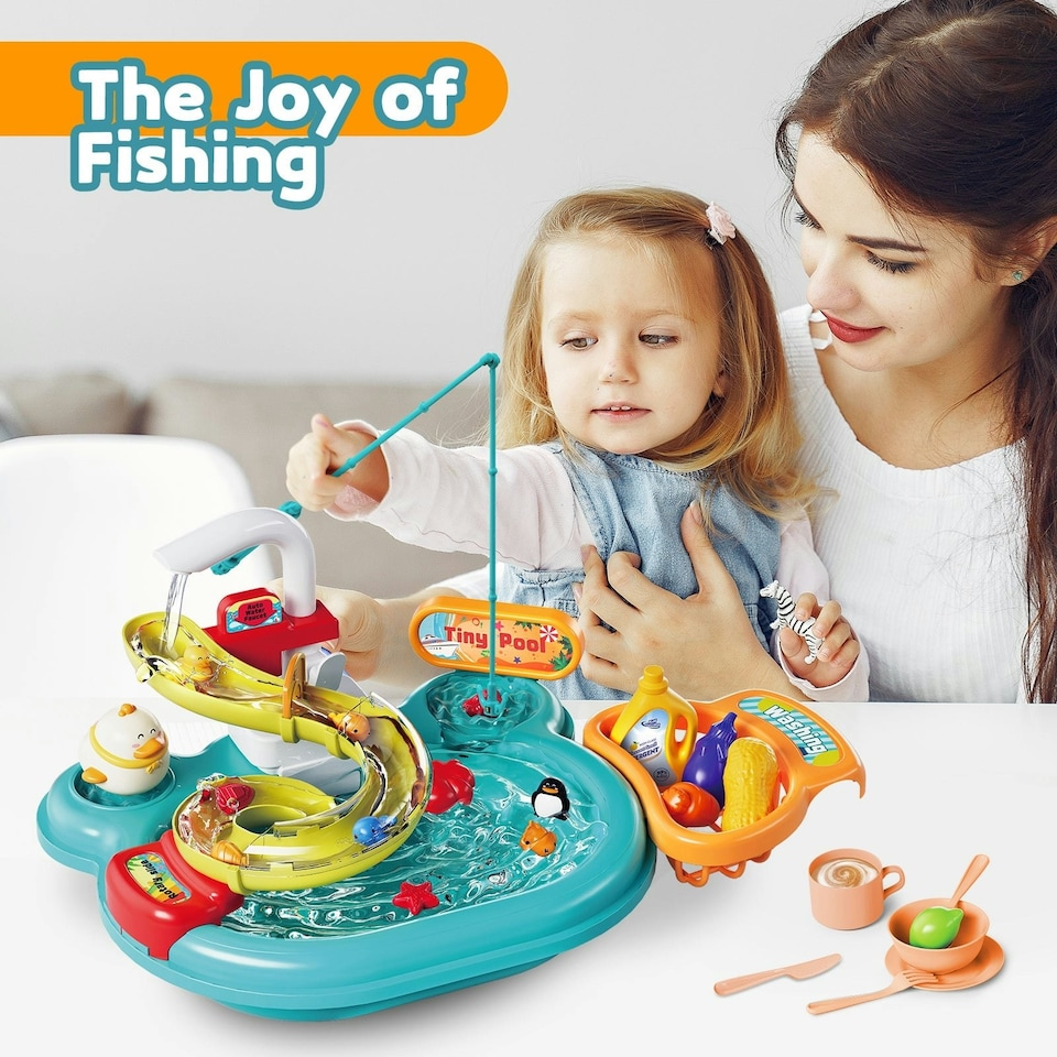 image 1 of Kids Water Play Sink with Fishing Game, Slide, and Accessories