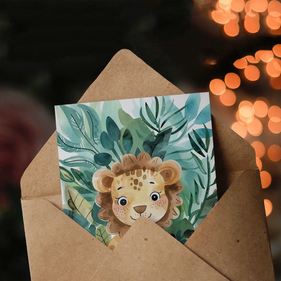 image 1 of Cute Baby Lion Cub Playing In Jungle Watercolour Birthday Card