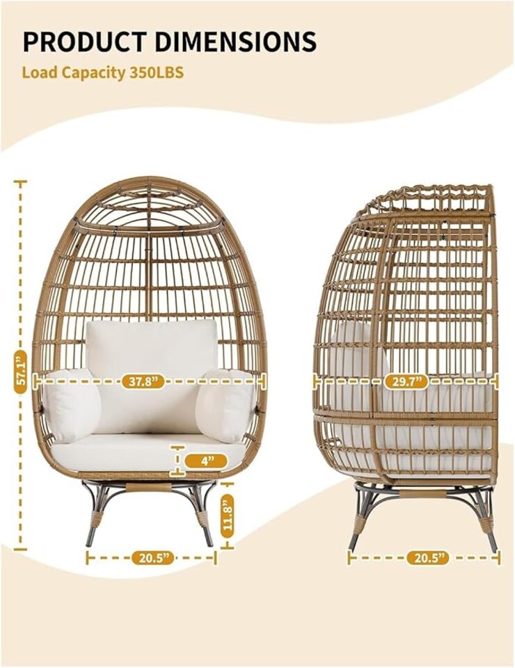 image 1 of London Boutique Oversized Rattan Egg Chair 85x143x95cm - 360° Swivel Patio Lounge Chair with Beige Cushions, All-Weather PE Wicker & 350 lbs Metal Base for Garden & Balcony