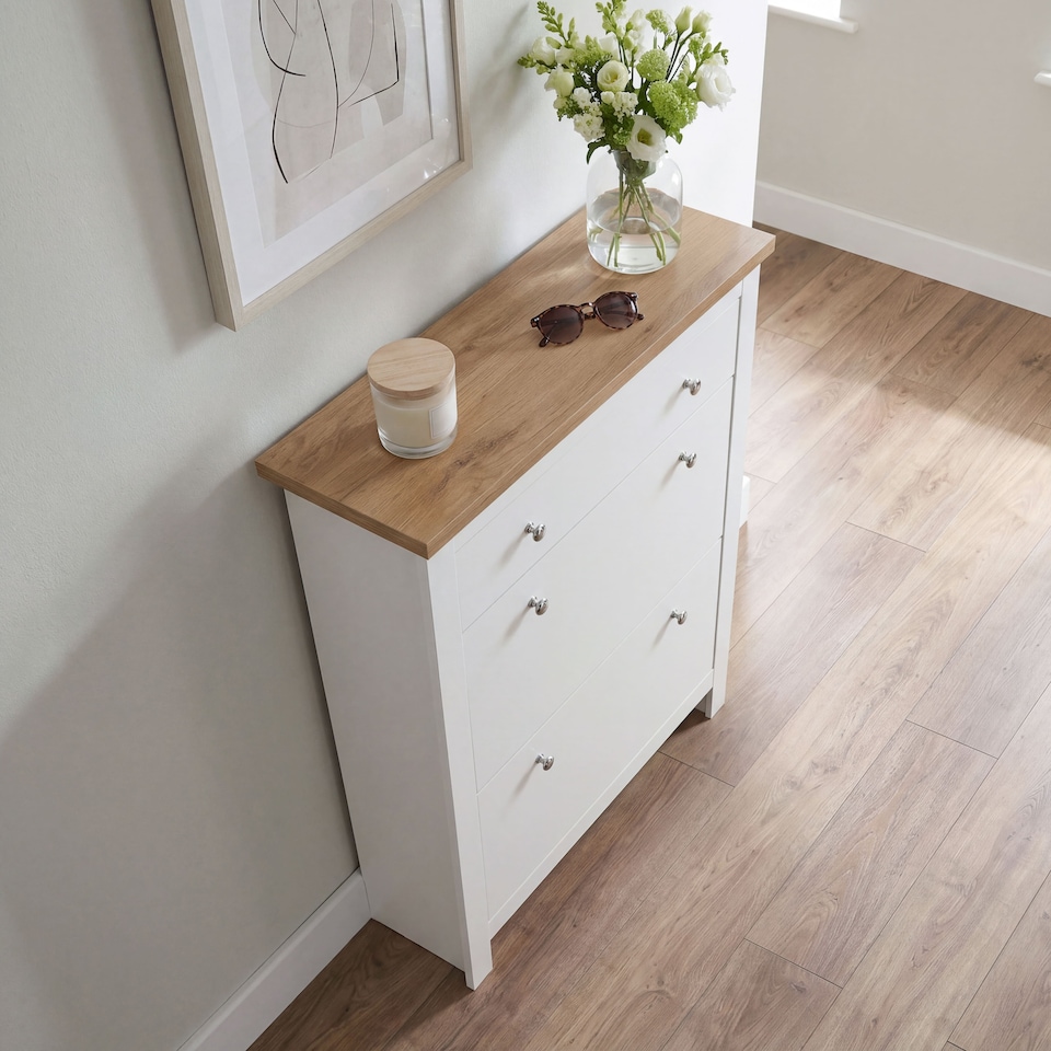 image 1 of Vida Designs Arlington 2 Door 1 Drawer Shoe Cabinet Shoe Rack Storage Cupboard, White & Oak | White | White | 1