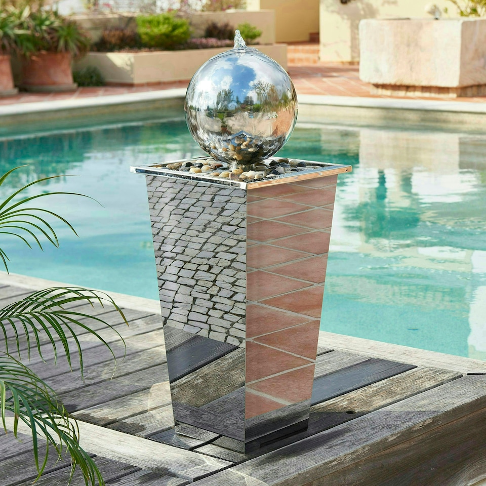 image 1 of Primrose Polished Stainless Steel Sphere Column Water Feature Cascade 83cm