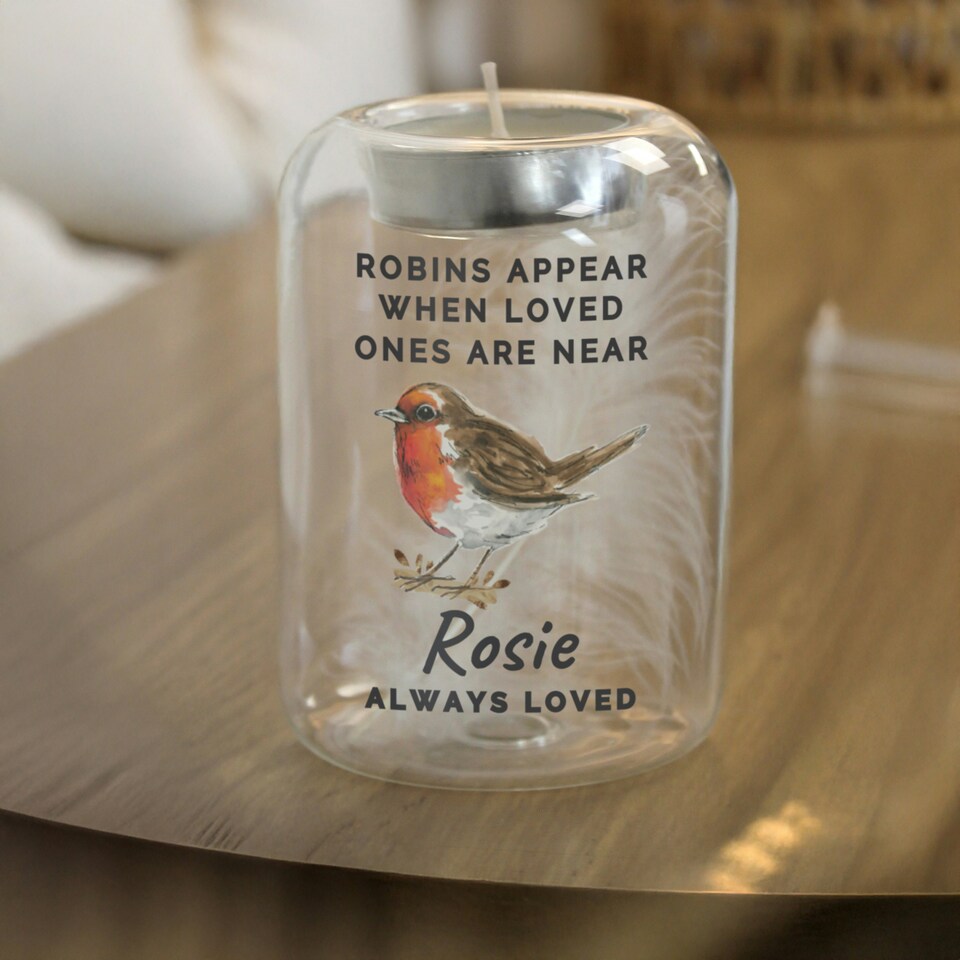 image 1 of Personalised Robin Memorial Feather Tealight Holder | Clear