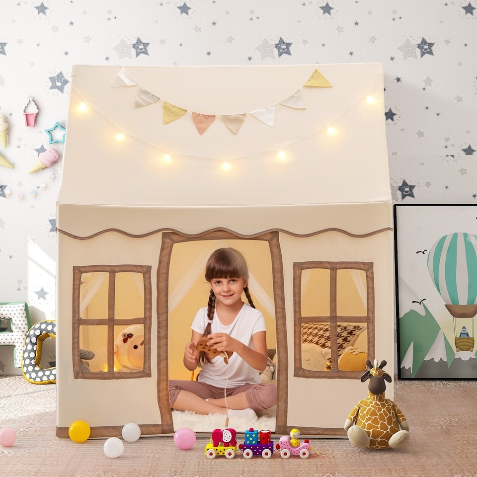 image 1 of COSTWAY Kids Play Tent Indoor Kids Playhouse with Star Lights Brown