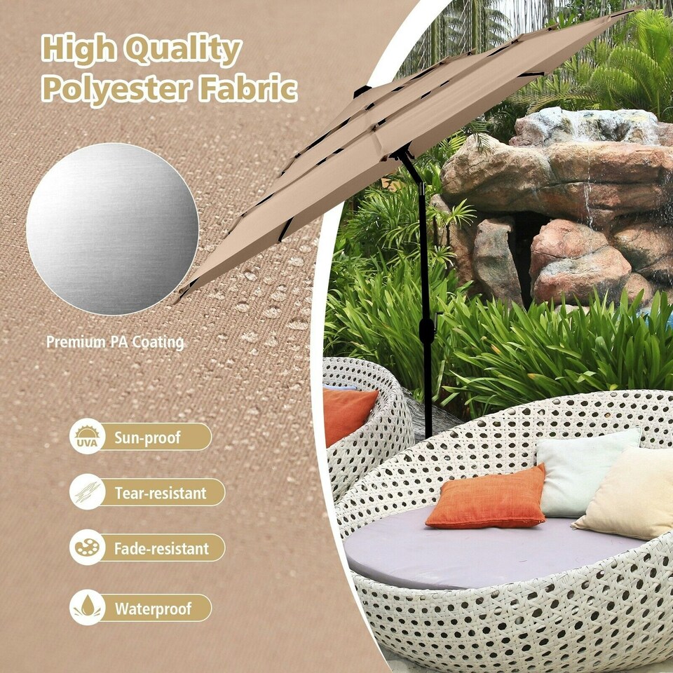 image 1 of COSTWAY 3-Tier Patio Umbrella Double Vented Crank Market Parasol Brown