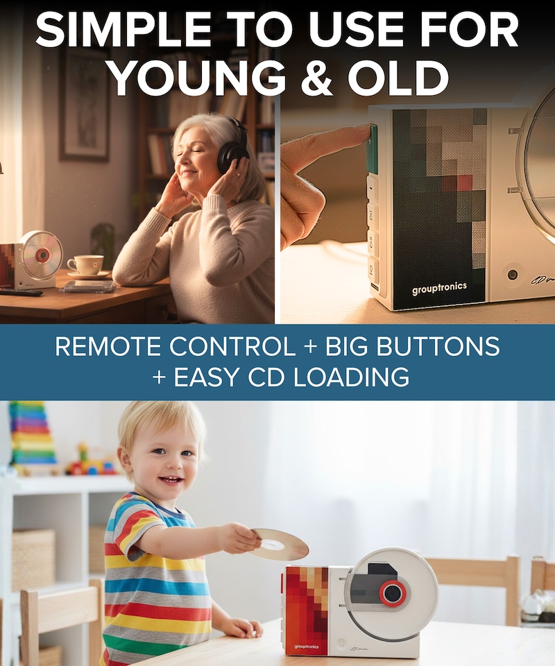 image 1 of Grouptronics GTMC-20 Portable CD Player with Bluetooth and Speakers | Small Rechargeable CD Player for Home, Kids or Elderly | Personal CD Music Player Boombox, CD Walkman
