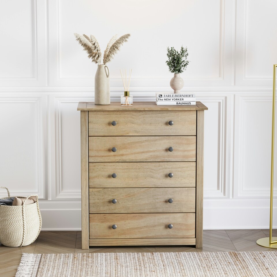 image 1 of Vida Designs Panama 5 Drawer Chest of Drawers Bedroom Storage, Solid Pine Wood