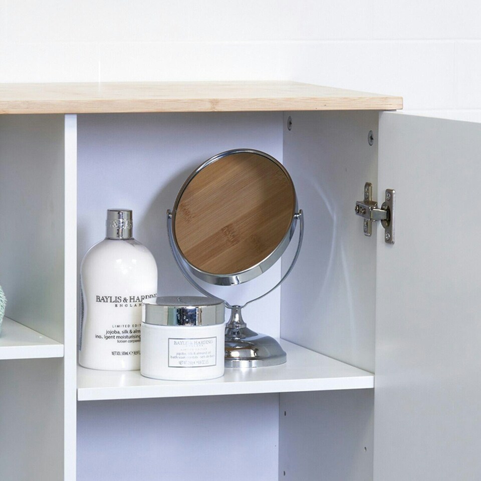 image 1 of Showerdrape Varallo Matt White & Bamboo Floor Bathroom Cabinet with Display Shelves