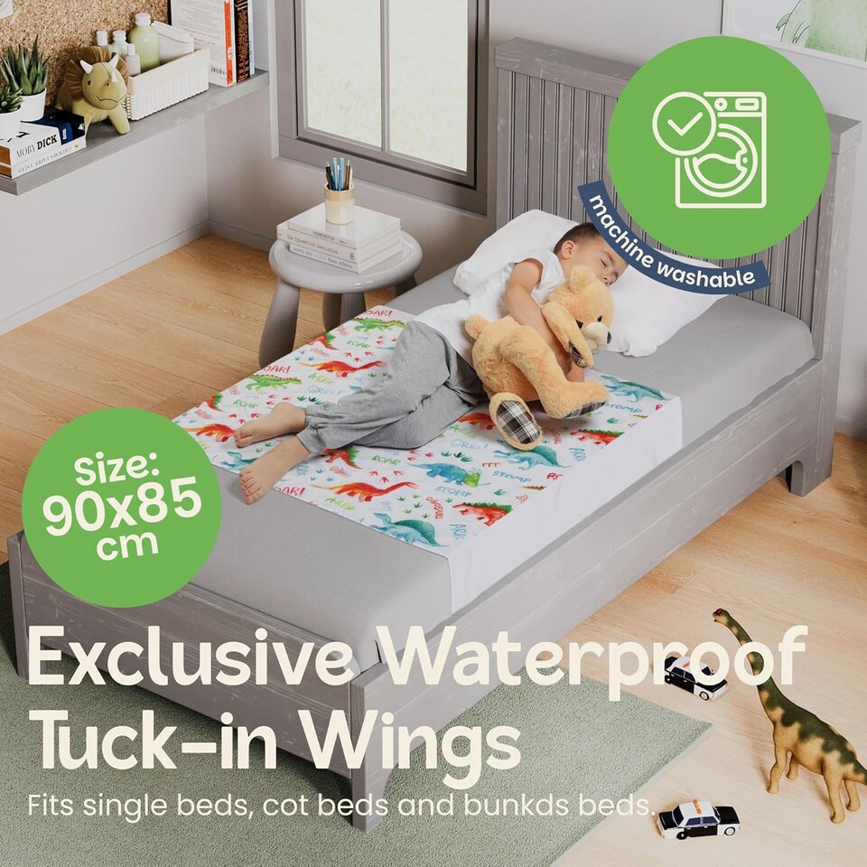 image 1 of Lynmark® Toddler Potty Training Bed Pads, Absorbs Up to 1200ml, 90x85cm (Tucks 85x45cm) Dinosaur | White | Dinosaur | Single | 1