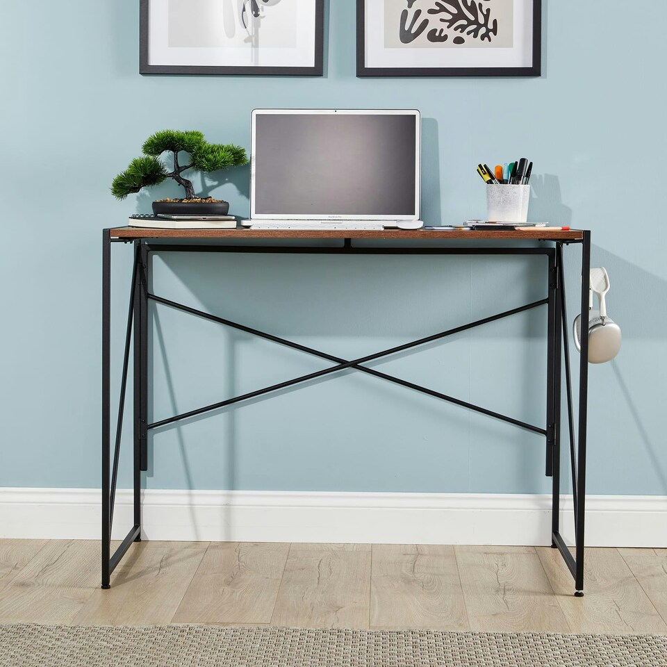 image 1 of Folding Compact Desk Storage Hook Wood Metal Office Computer Table Workstation Brown | Dark Oak