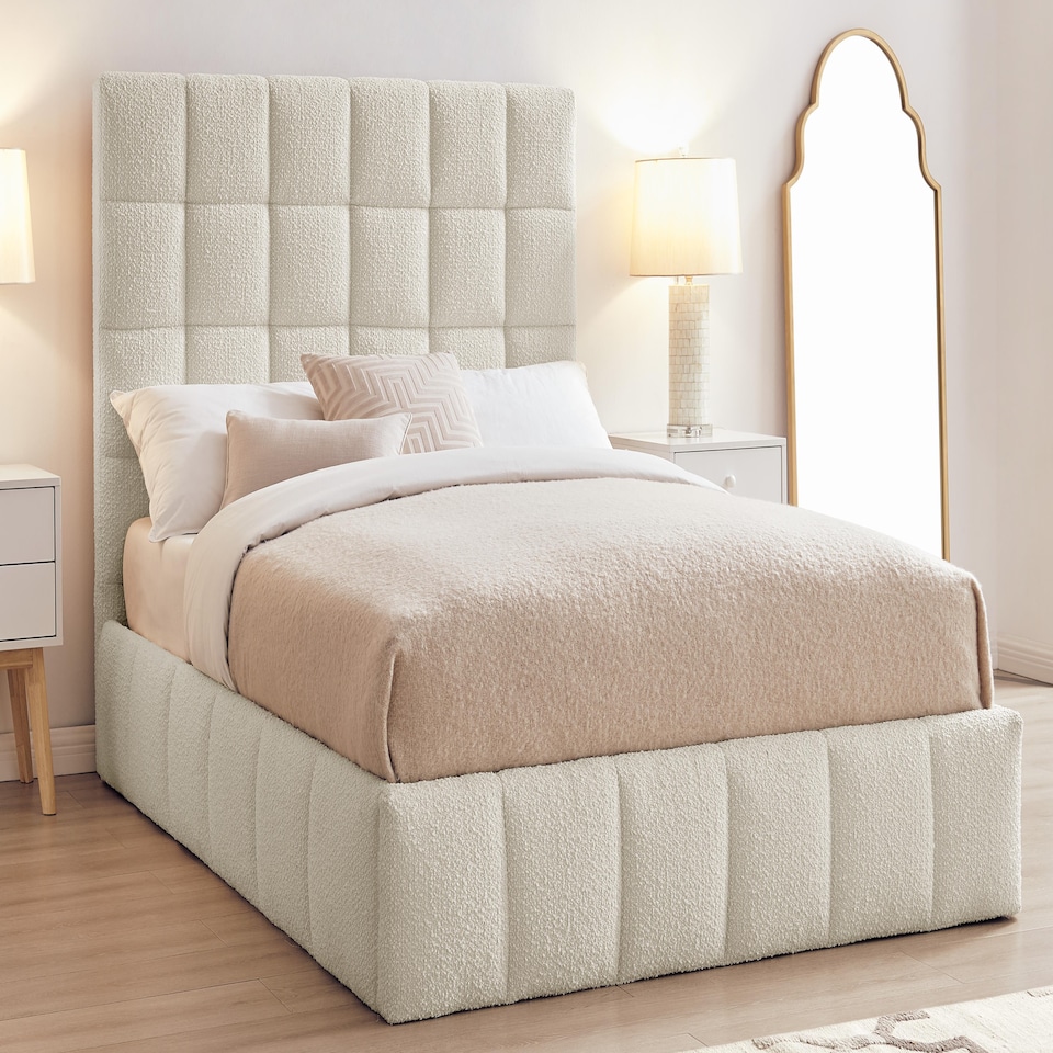 image 1 of 5ft King Size Ivory White,Ottoman Lift Up Storage Tall Headend Boucle Soft Fabric Upholstered Bed Frame