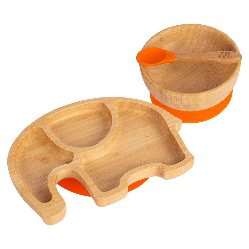 image 1 of Tiny Dining Children's Bamboo Suction Elephant Dinner Set - Orange