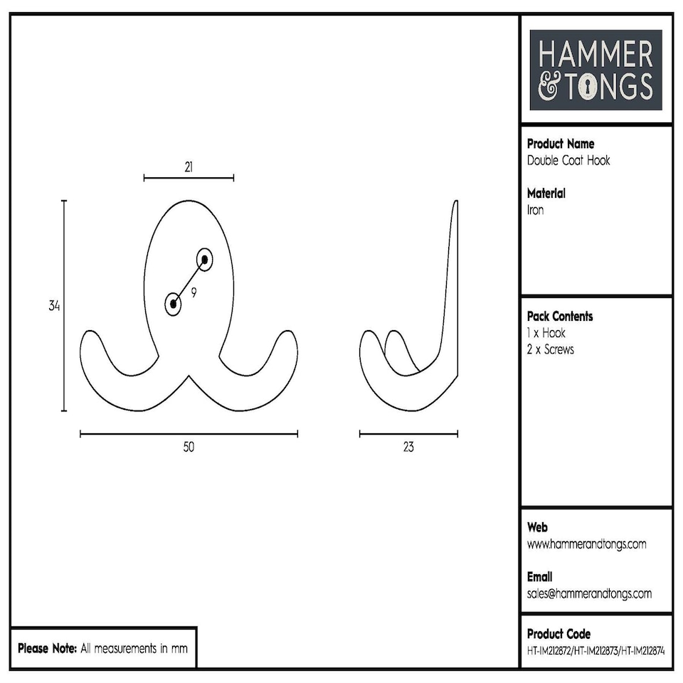 image 1 of Hammer & Tongs Double Coat Hook - W50mm x H35mm - Black | Black | Black | One Size