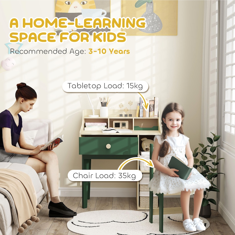 image 1 of AIYAPLAY Kids Desk and Chair Set with Storage Shelves, Drawer | Green