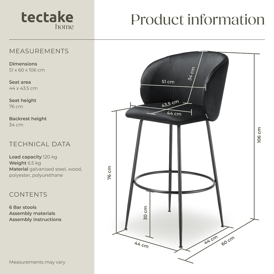 image 1 of Bar Stool Luana - with backrest, velvet look and padded - Set of 6 Black