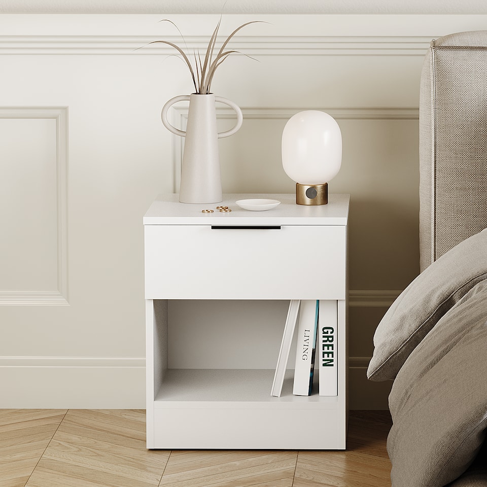 image 1 of Vida Designs Trega 1 Drawer Bedside Chest Bedroom Storage Unit - (H) 41cm x (W) 39cm x (D) 28cm - White