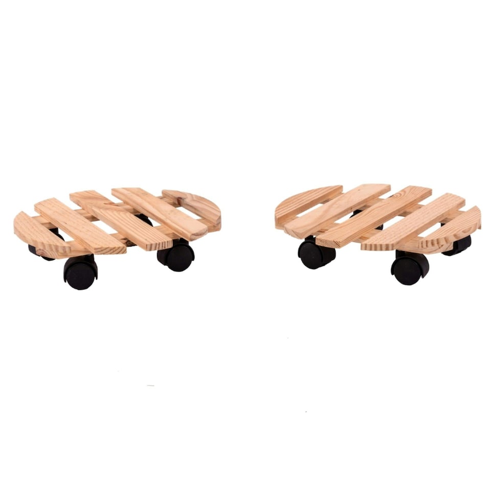image 1 of Oypla Set of 2 30cm Wooden Plant Flower Pot Mobile Mover Trolley Stands