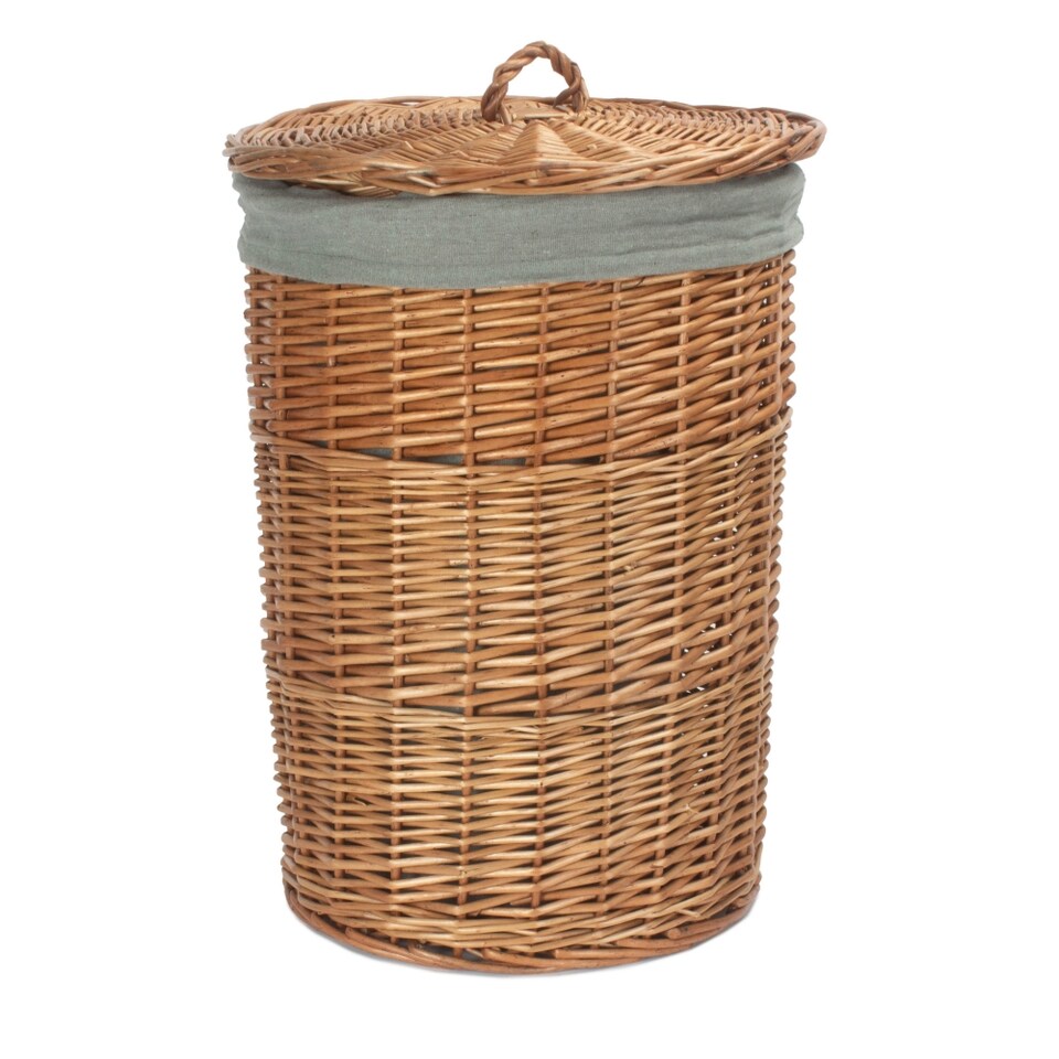 image 1 of Small Light Steamed Round Linen Basket with Grey Sage Lining | Grey | Grey