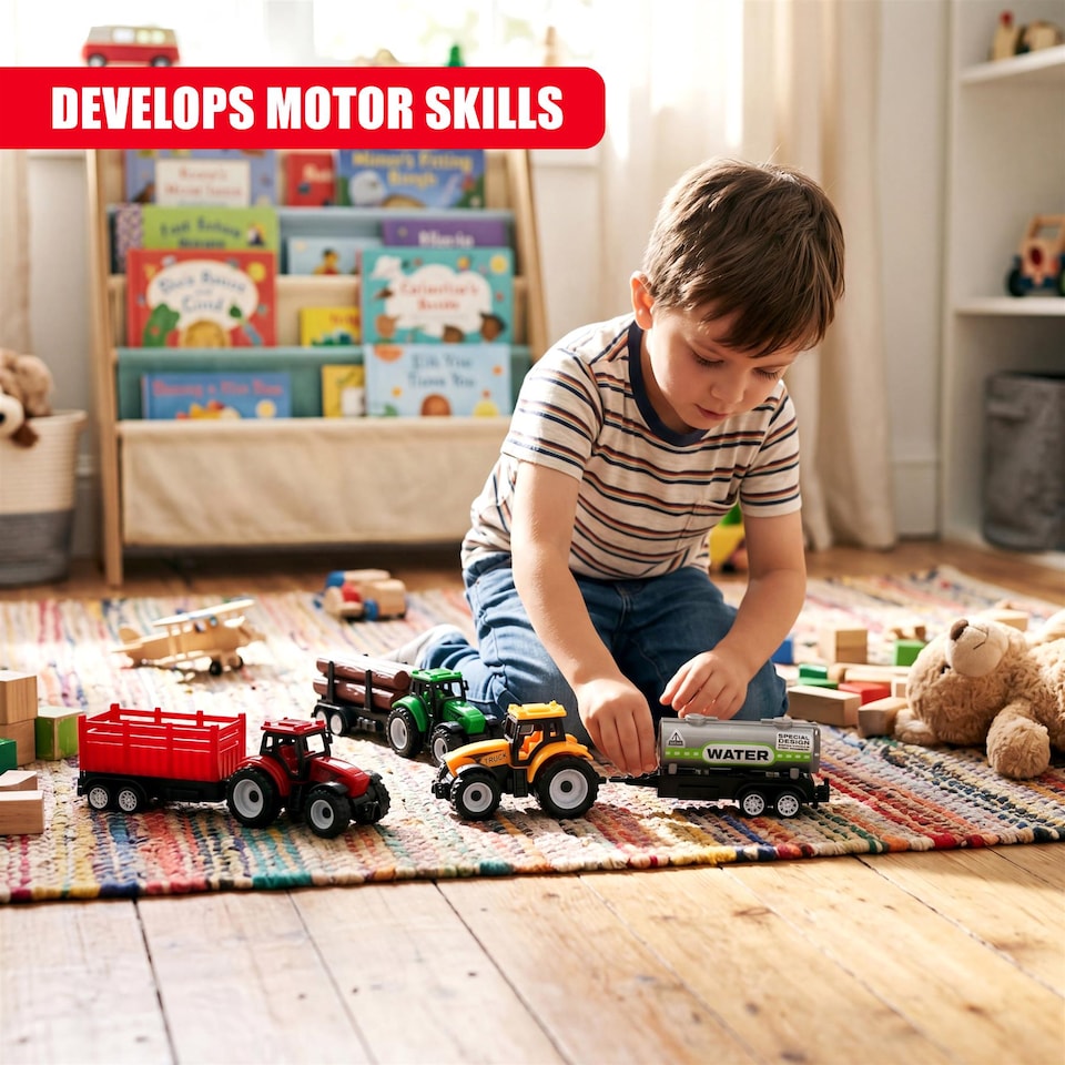 image 1 of The Magic Toy Shop Farm Tractor Trailer Toy Set Durable Plastic Playset for Kids Fun