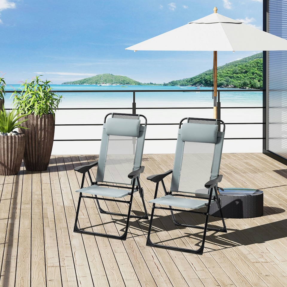 image 1 of Outsunny Set of 2 Metal Portable Folding Recliner with Adjustable Grey