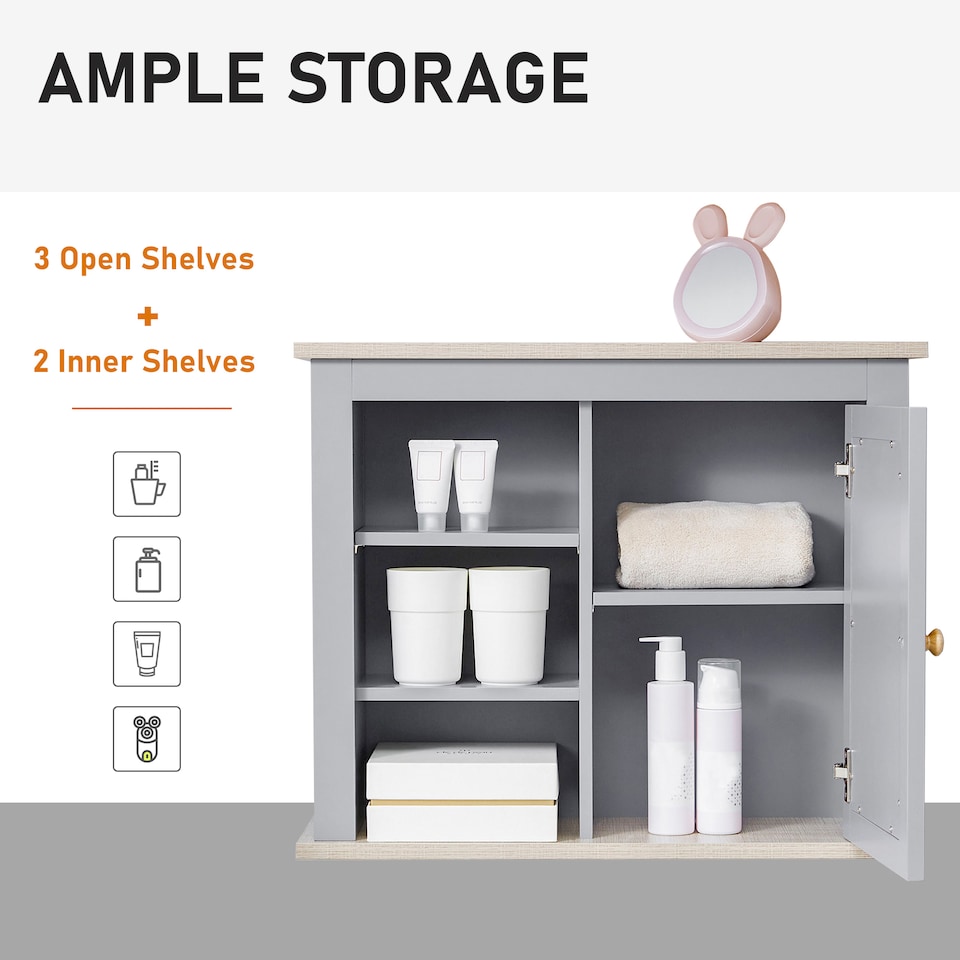 image 1 of kleankin Bathroom Wall Mirror Cabinet, Cupboard with Door, Storage Cabinet with Adjustable Shelf for Corridors Living Rooms, Grey
