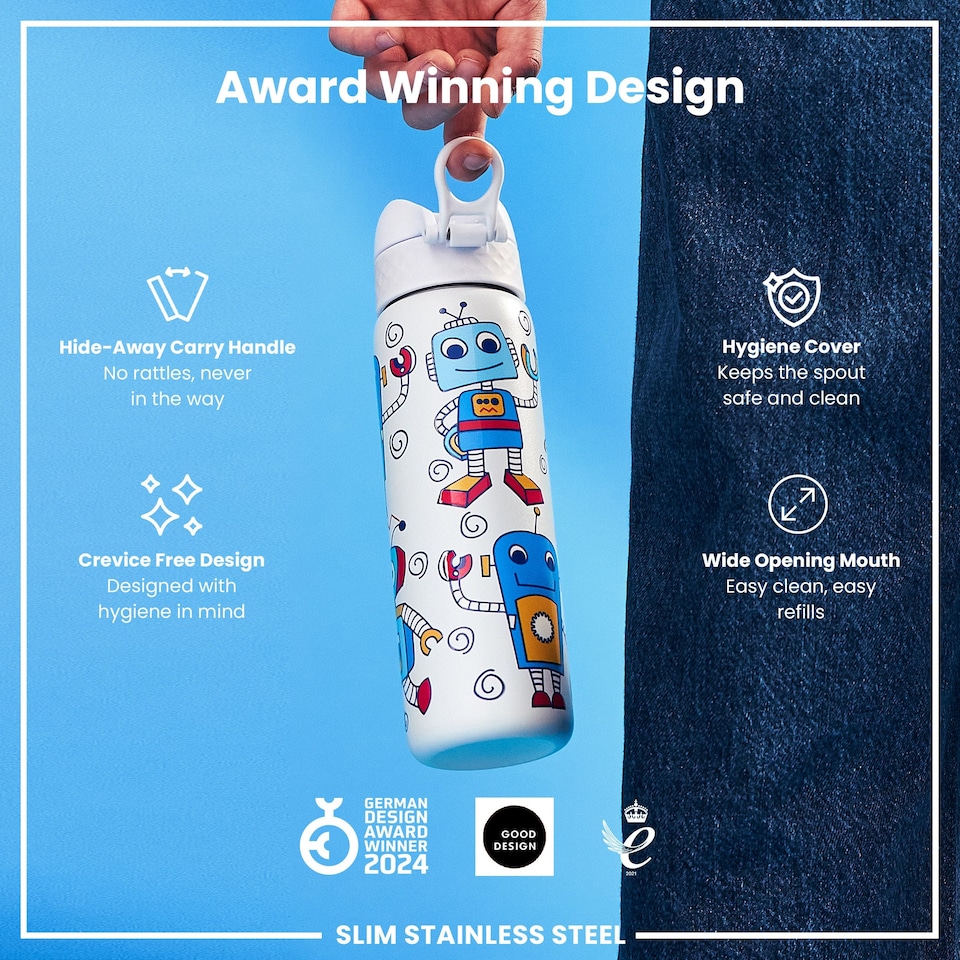 image 1 of Leak Proof Slim Water Bottle, Stainless Steel, 600ml (20oz) | White | Robots | One Size