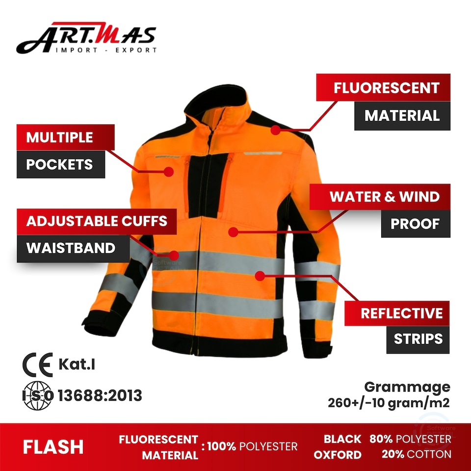 image 1 of 40UK ArtMas FLASH Hi Vis Orange Work Jacket for Men Waterproof Windproof Durable with Reflective Strips and Adjustable Fit