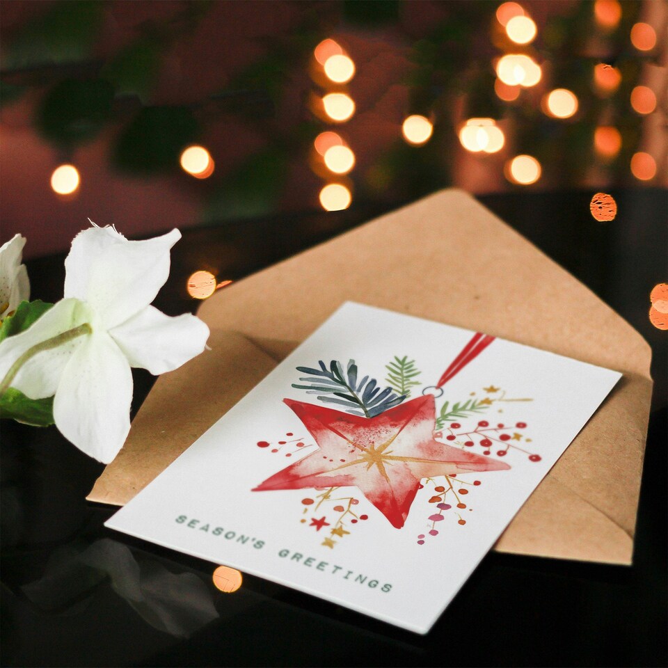 image 1 of Seasons Greetings Hanging Red Star Bauble Blank For Him Or Her Art Xmas Festive Christmas Card