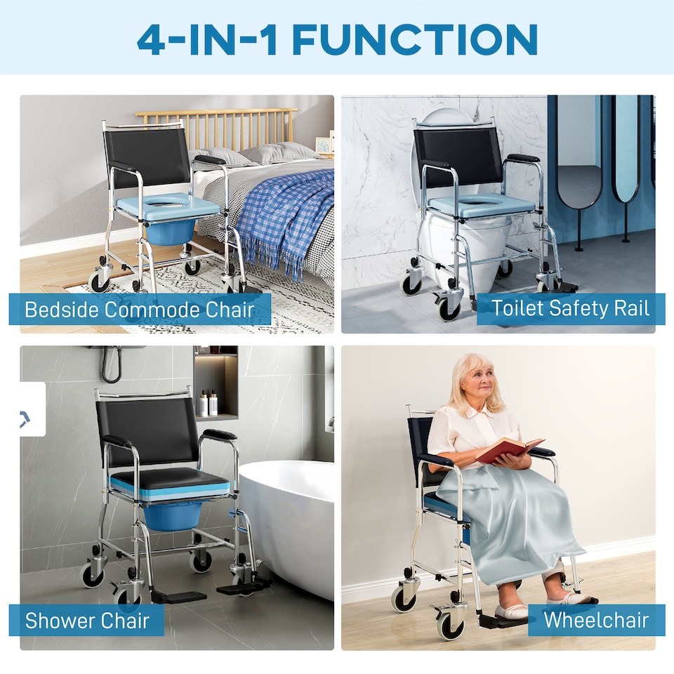 image 1 of HOMCOM Shower Wheelchair, Commode Wheeled Chair with Padded Seat, Backrest