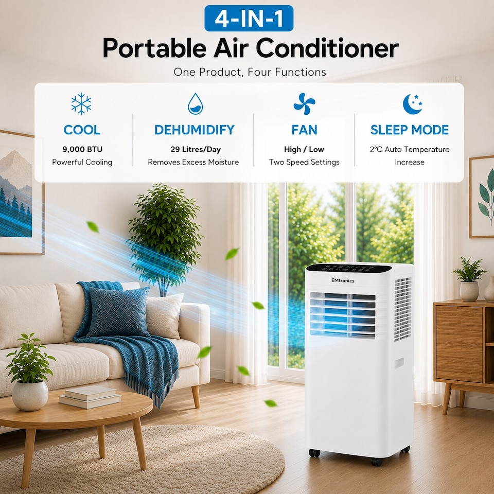 image 1 of EMtronics 9K BTU Air Conditioner with Fan and Dehumidifier - White