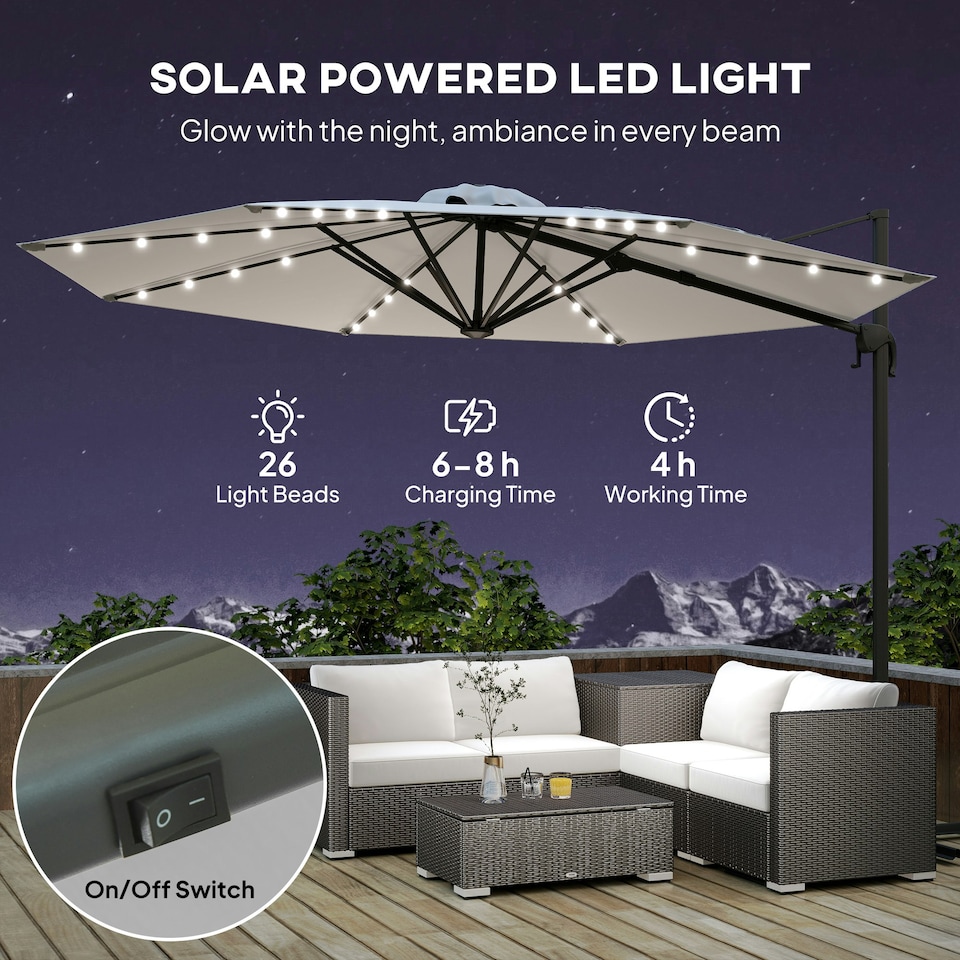 image 1 of Outsunny 3(m) Cantilever Parasol Patio Sun Umbrella w/ Base Solar Lights Grey