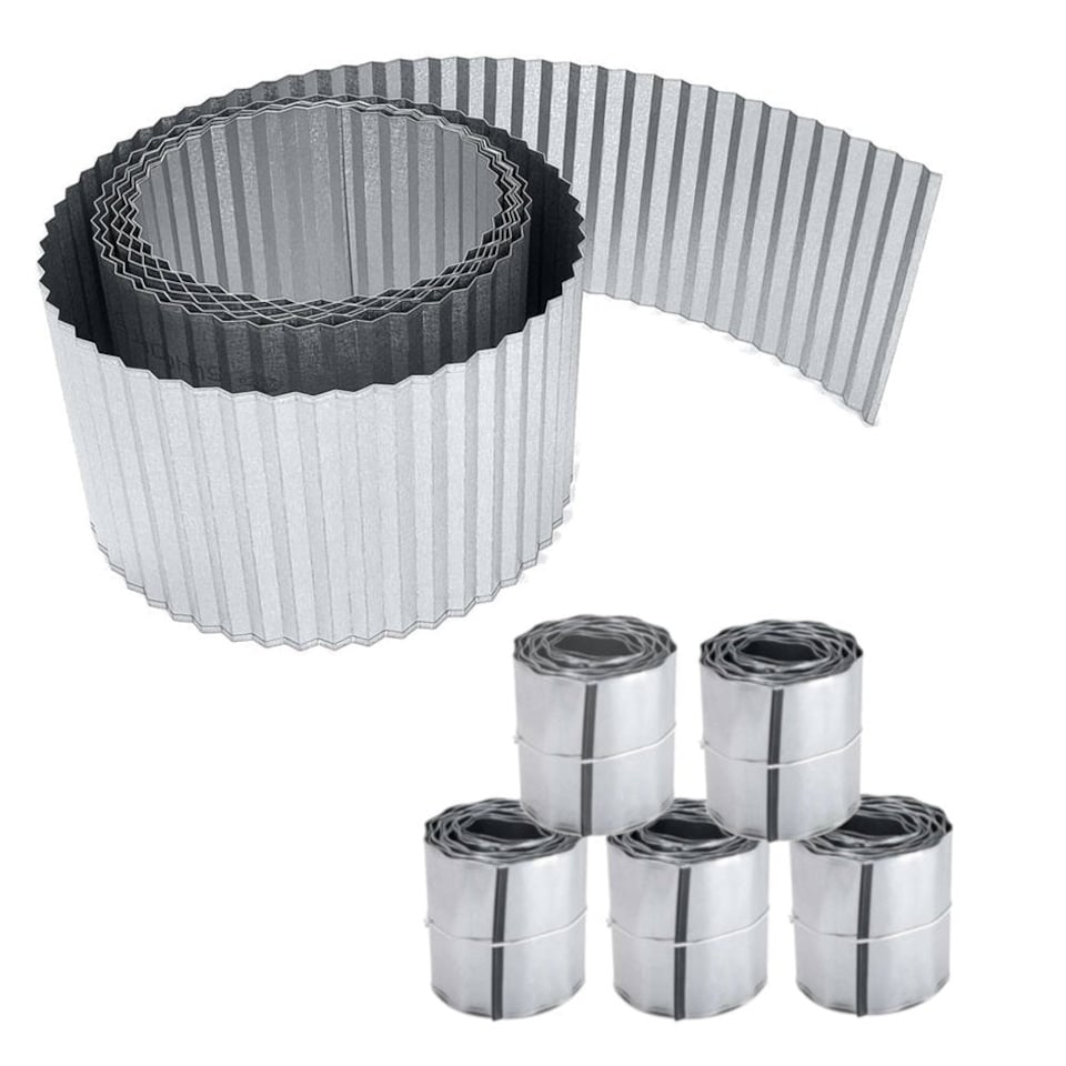 image 1 of Pack of 5 x 5m Galvanised Corrugated Lawn Edging Rolls in Silver Silver