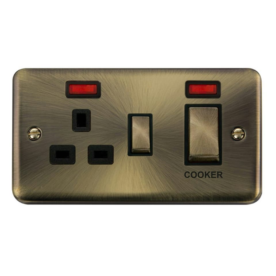 SE HOME Curved Antique Brass Cooker Control Ingot 45A With 13A Switched Plug Socket & 2 Neons Brown | Brass