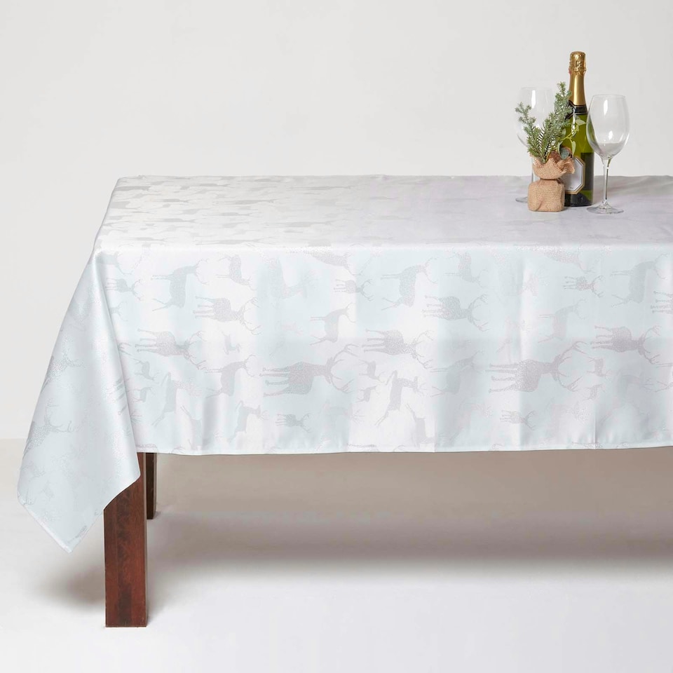 image 1 of Homescapes Silver Stag Christmas Table Cloth - 132 x 178 cm | Silver | 132 x 178 cm