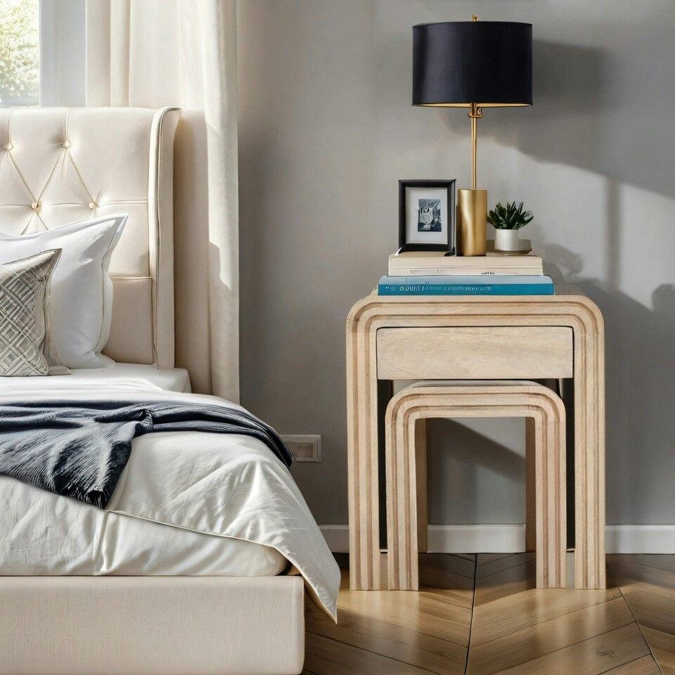 image 1 of Rayne Mango Wood Nest of 2 Tables with Drawer