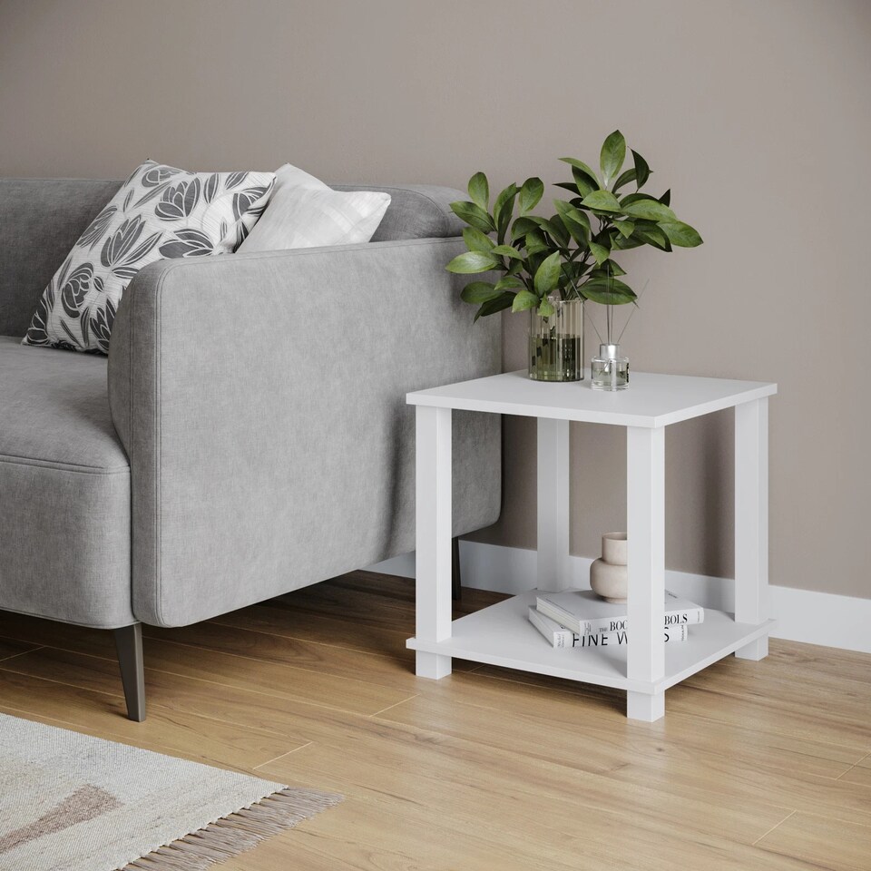 image 1 of Sandra 2 Tier S-Tube End Table Small Wood Bedside Nightstand With Storage Shelf | Multi | White